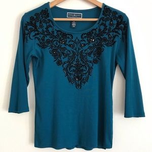 ⭐️Karen Scott Teal Top Rhinestone Damask Detail F1